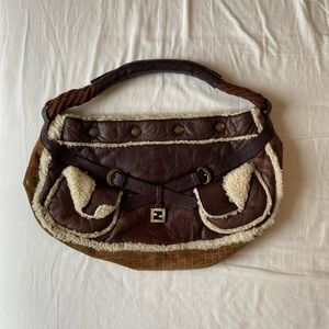 Fendi Dark Brown and Cream Shearling Shoulder Bag